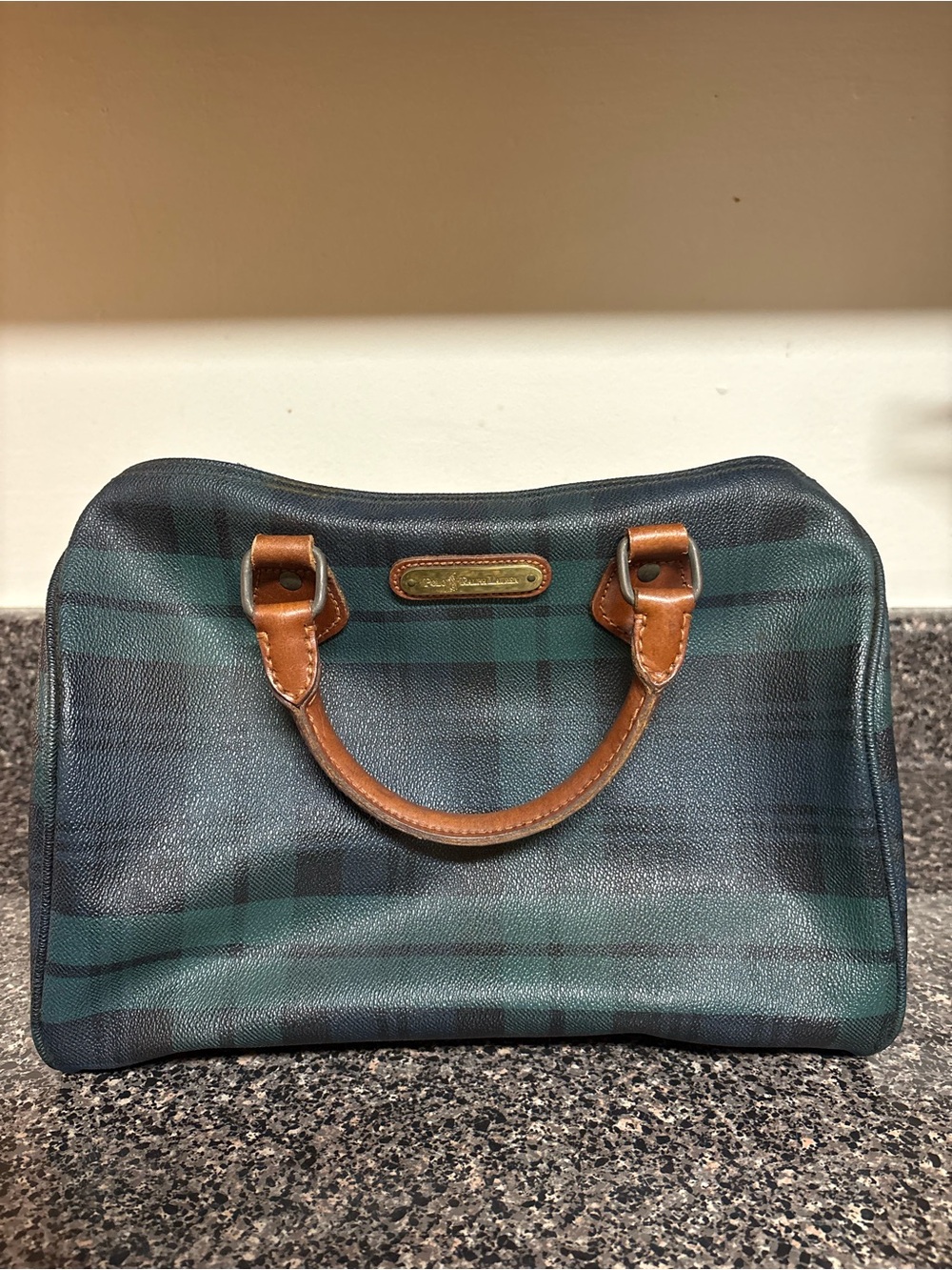 Polo by Ralph Lauren Green and Black Tartan Mini Duffel with Brown Leather Trim